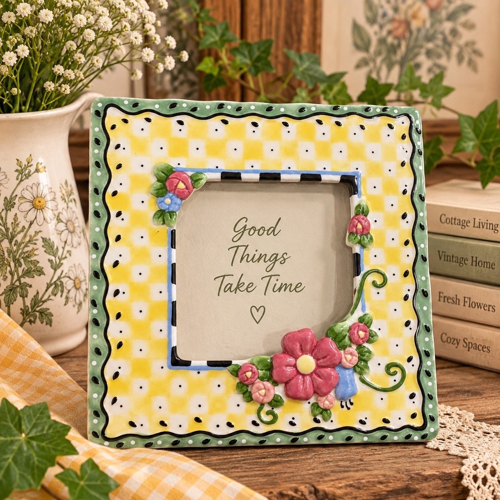 Ceramic Checkered Floral Picture Frame Yellow Green Polka Dot 3x3 Square Vintage